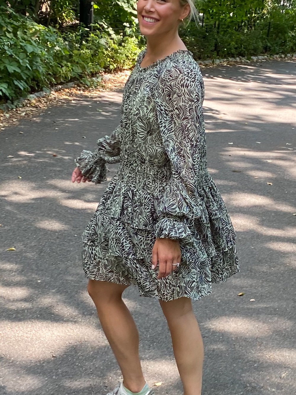 cinq a sept Black & White Printed Smocked Waist Dress